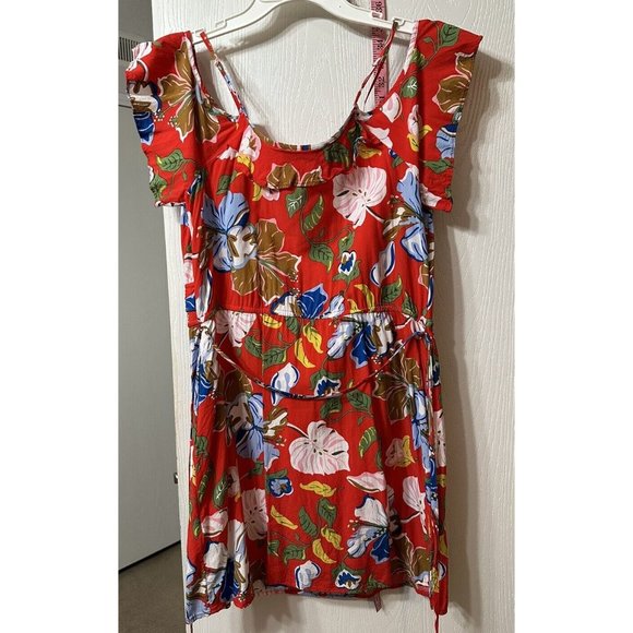 Candies Y2K Red Floral Cold Shoulder Sun Dress w/ Sash Belt Pockets Sz L - Picture 3 of 7